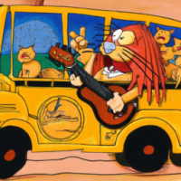 Garfield driving a school bus in a rock concert, Painting by Leonardo Da Vinci
