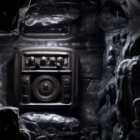 A boombox reflecting the surroundings in a cave, Painting by H.R. Giger, Closeup